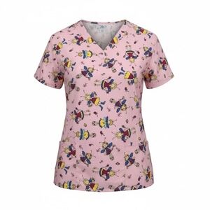 Scrub Station VS Collection Women's V Neck Scrub Top Size Large Pink With Angels
